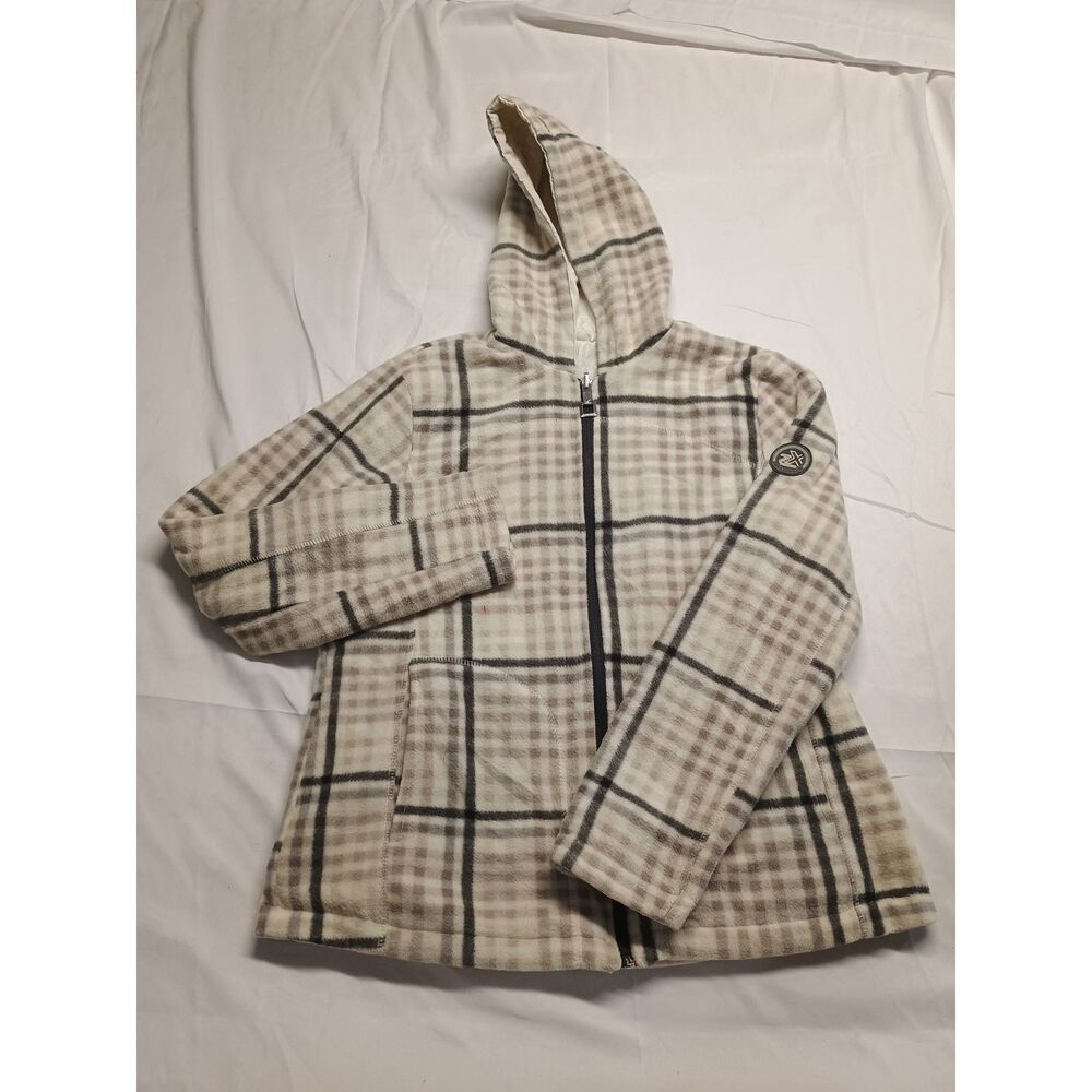 ZeroXposur Women's L Cream Brown Plaid Fleece Hooded Full Zip Jacket Coat